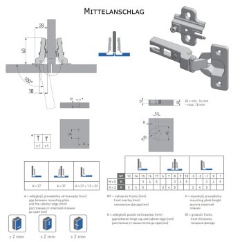 Topfband 35 mm BICN Mittelanschlag H=0 mit Euroschrauben
