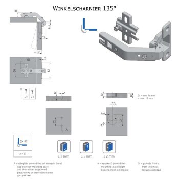 Topfband 35 mm KT 135° Weitwinkelscharnier H=2