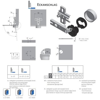 Topfband 26 mm CIG Glastürscharnier Eckanschlag mit Euroschrauben, Kappe rund, Aluminium