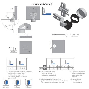 Topfband 26 mm CIG Glastürscharnier Innenanschlag mit Euroschrauben, Kappe rund, Aluminium