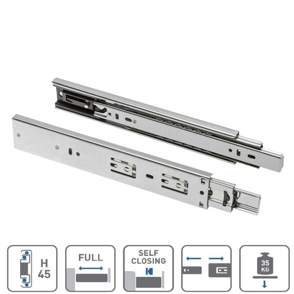 Schubladenschiene H45 mit Selbsteinzug, Vollauszug, 350 mm