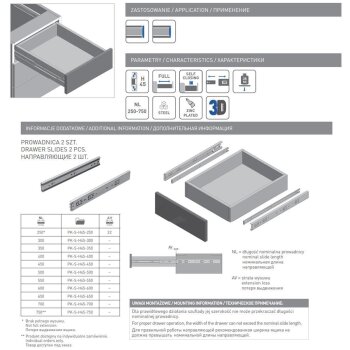 Schubladenschiene H45 mit Selbsteinzug, Vollauszug, 550 mm