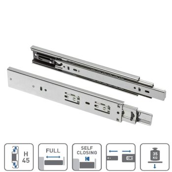 Schubladenschiene H45 mit Selbsteinzug, Vollauszug, 700 mm