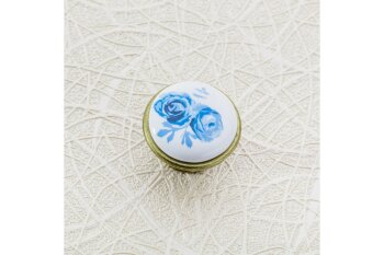 Möbelknopf J4, Zamak und Porzellan, Oberfläche: Altmessing, Motiv: blue rose