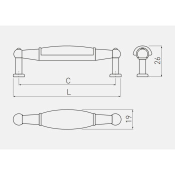 Möbelgriff 728B, BA 96 mm, Zamak und Porzellan, Oberfläche: Altmessing