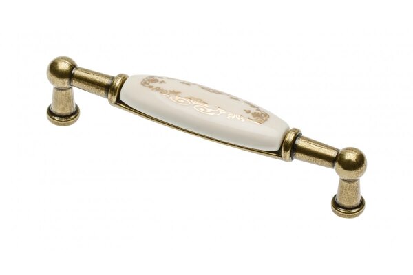 Möbelgriff 728B, BA 96 mm, Zamak und Porzellan, Oberfläche: Altmessing