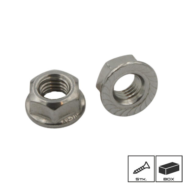Flanschmuttern Edelstahl A2 M10 mit Sperrverzahnung Box - 100 Stk.