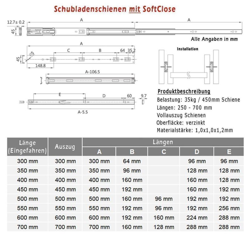 21 mm Schubladenschienen 25-60 cm Teilauszug Rollenführung Schubladenauszüge mit Rollen weiß 60 cm 2 Stk. BRESKO 1 Paar 