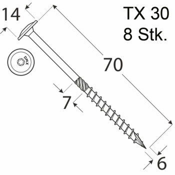 8 Stk. Holzschrauben Kleinpack Flachkopf 6 x 70 mm TX30