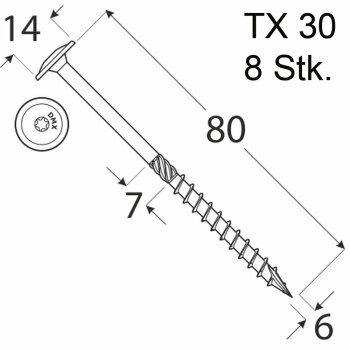 8 Stk. Holzschrauben Kleinpack Flachkopf 6 x 80 mm TX30