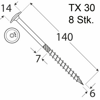 8 Stk. Holzschrauben Kleinpack Flachkopf 6 x 140 mm TX30