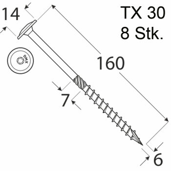 8 Stk. Holzschrauben Kleinpack Flachkopf 6 x 160 mm TX30