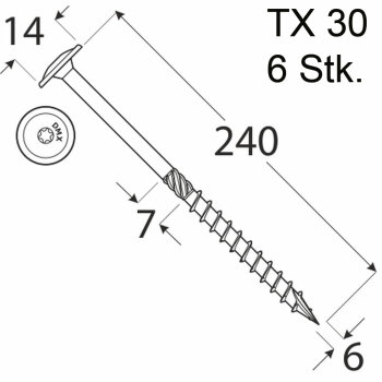 6 Stk. Holzschrauben Kleinpack Flachkopf 6 x 240 mm TX30