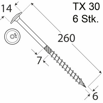 6 Stk. Holzschrauben Kleinpack Flachkopf 6 x 260 mm TX30