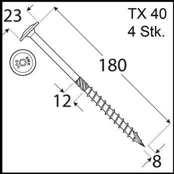 4 Stk. Holzschrauben Kleinpack Flachkopf 8 x 180 mm TX40