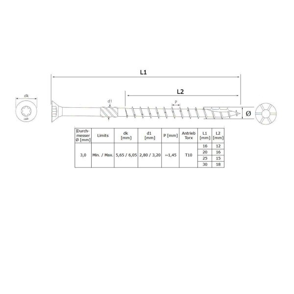 Holzbauschrauben Edelstahl Senkkopf A2 Großpack 3,0 x 30 mm - 500 Stk
