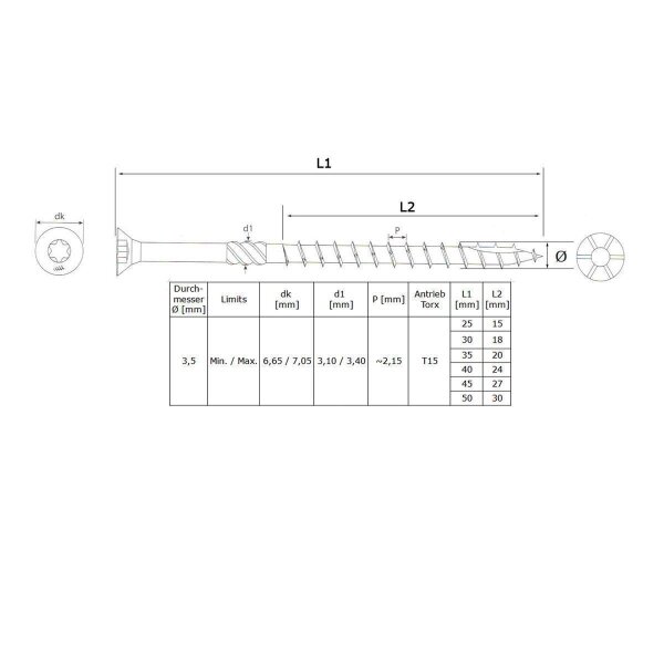 Holzbauschrauben Edelstahl Senkkopf A2 Großpack 3,5 x 40 mm - 500 Stk