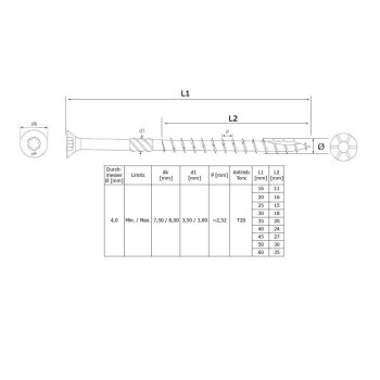 Holzbauschrauben Edelstahl Senkkopf A2 Großpack 4,0 x 40 mm - 500 Stk