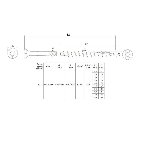 Holzbauschrauben Edelstahl Senkkopf A2 Großpack 4,5 x 60 mm - 200 Stk