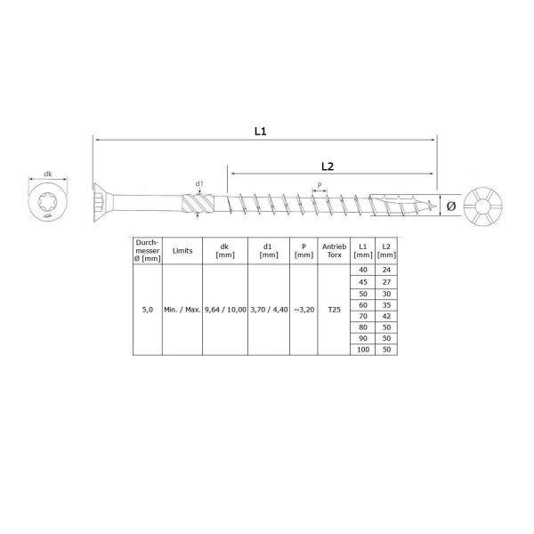 Holzbauschrauben Edelstahl Senkkopf A2 Großpack 5,0 x 80 mm - 200 Stk