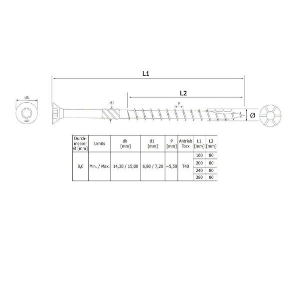 Holzbauschrauben Edelstahl Senkkopf A2 Großpack 8,0 x 200 mm - 100 Stk